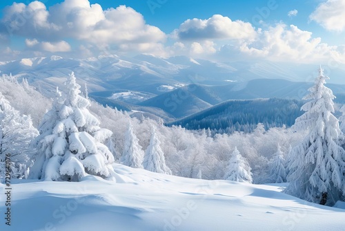 Winter landscape in the mountains Capturing the serene beauty and tranquility of snow-covered peaks and valleys