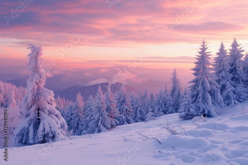 Winter landscape wallpaper with pine forest covered in snow and scenic sky at sunset Embodying a snowy wonderland and festive spirit