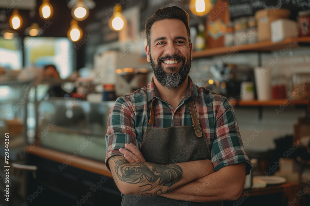 business owner testimonial image, smiling young businessman wearing an apron in the shop, indoor food and beverage photography  with co worker standing in the shop wearing an apron wallpaper concept - obrazy, fototapety, plakaty 