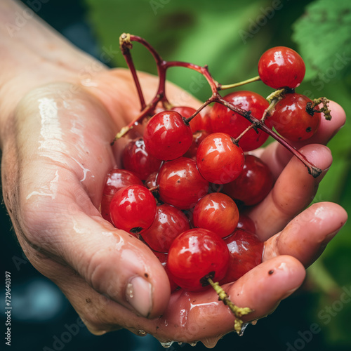 woman holds a rotten, spoiled crop, overripe redcurrant with dirty peel. protecting redcurrant fruits harvests from mold, fungus, decay and desease parasite for food waste decomposition concept photo
