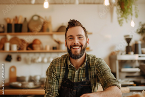 business owner testimonial image, smiling young businessman wearing an apron in the shop, indoor food and beverage photography with co worker standing in the shop wearing an apron wallpaper concept