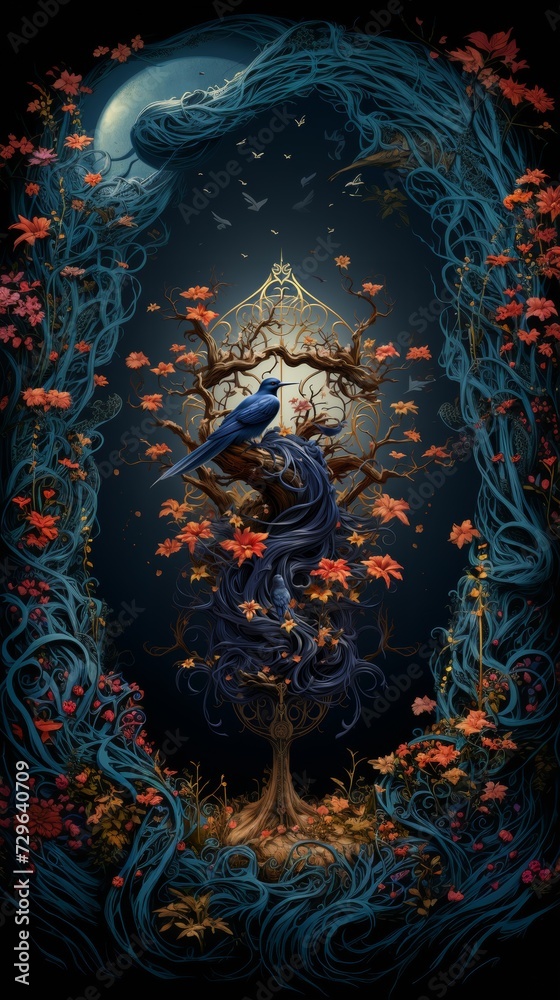 Mystical Bluebird on Twisted Tree Under Moonlight