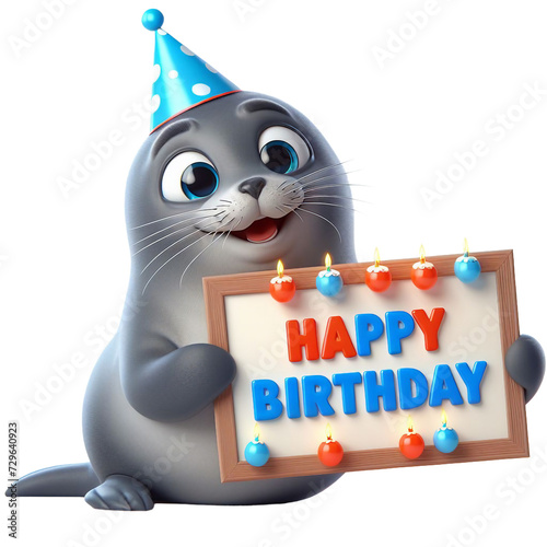 Cute Animal 3D Seal Holding 'Happy Birthday' Board and Wearing Party Cap Cartoon: Isolated on Transparent Background - Clipart PNG Sticker Design	 photo