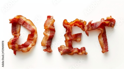 word Diet spelled out in bacon isolated over white background,  