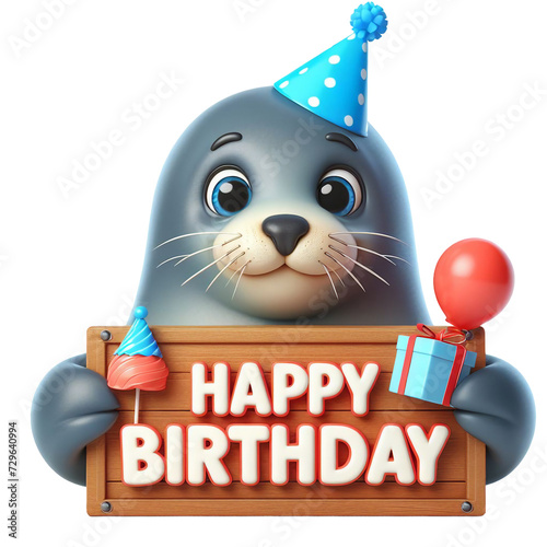 Cute Animal 3D Seal Holding 'Happy Birthday' Board and Wearing Party Cap Cartoon: Isolated on Transparent Background - Clipart PNG Sticker Design	
 photo