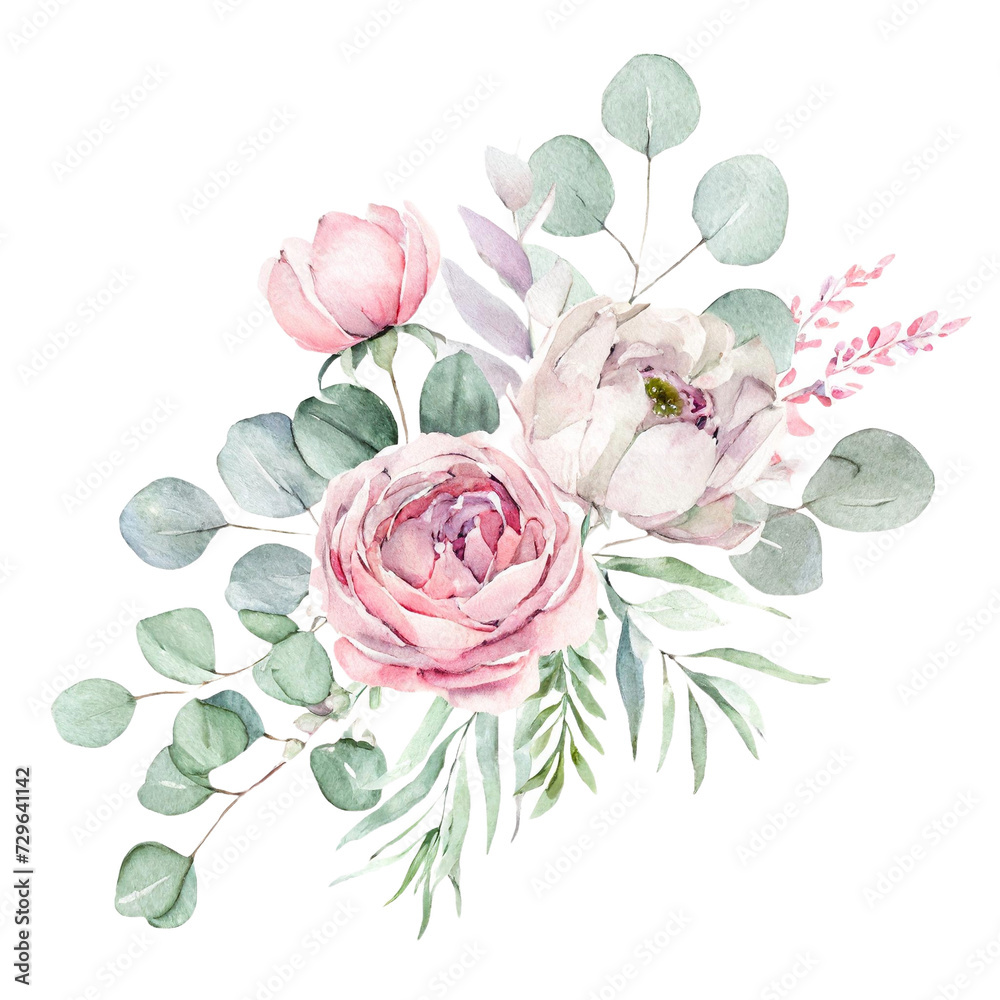 Watercolor floral illustration. Pink flowers and eucalyptus greenery bouquet. Dusty roses, soft light blush peony - border, wreath, frame. Perfect wedding stationary, greetings, fashion, background