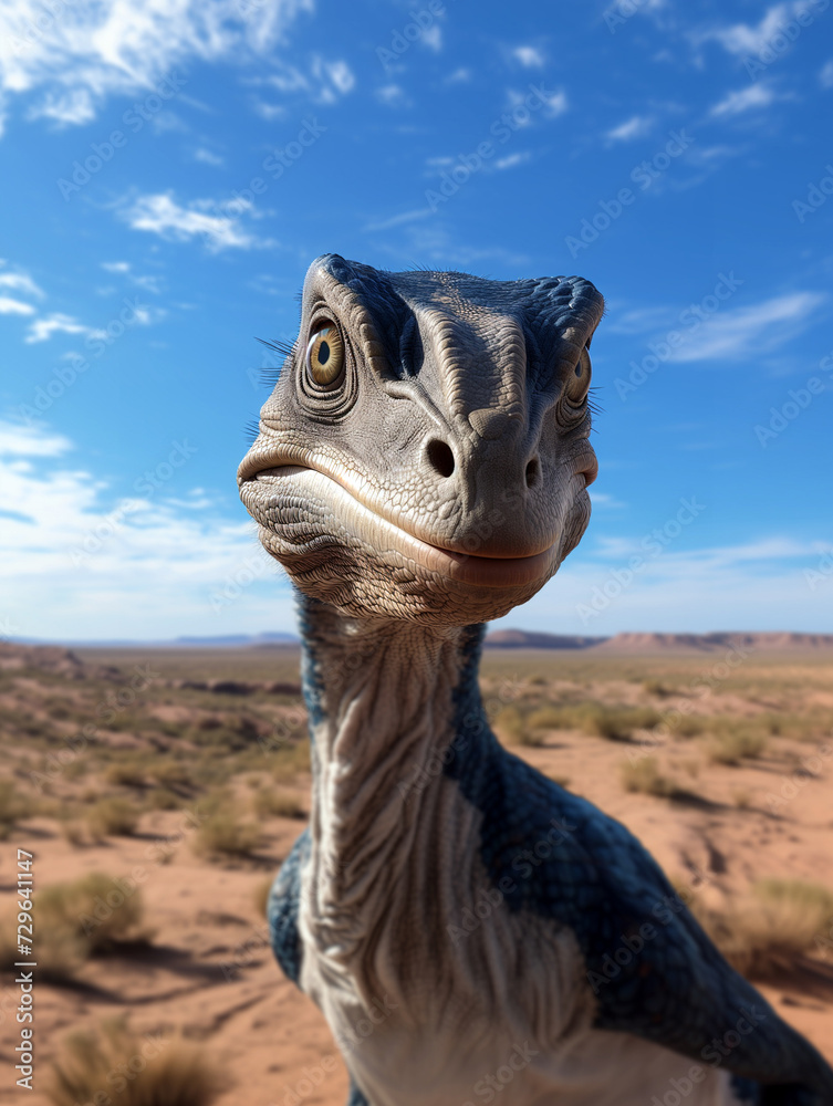 Velociraptor vu de face dans un paysage semi-désertique sous un ciel ...
