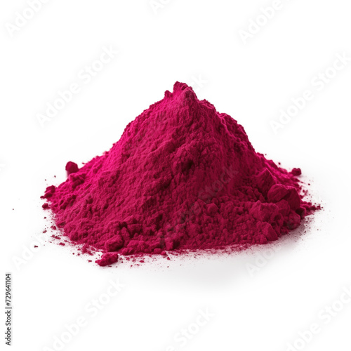 close up pile of finely dry organic fresh raw beetroot powder isolated on white background. bright colored heaps of herbal, spice or seasoning recipes clipping path. selective focus photo