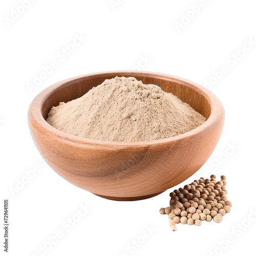 pile of finely dry organic fresh raw black-eyed pea flour powder in wooden bowl png isolated on white background. bright colored of herbal, spice or seasoning recipes clipping path. selective focus photo
