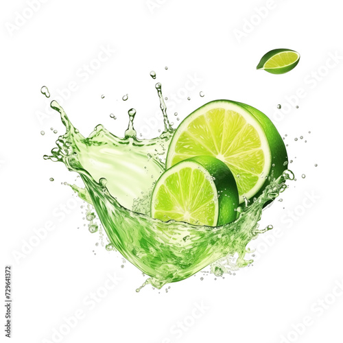 realistic fresh ripe green lime with slices falling inside swirl fluid gestures of milk or yoghurt juice splash png isolated on a white background with clipping path. selective focus