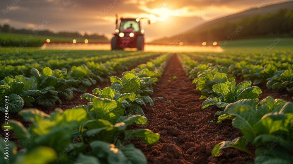 Tractor spraying pesticides in vegetable field at sunset - obrazy, fototapety, plakaty 