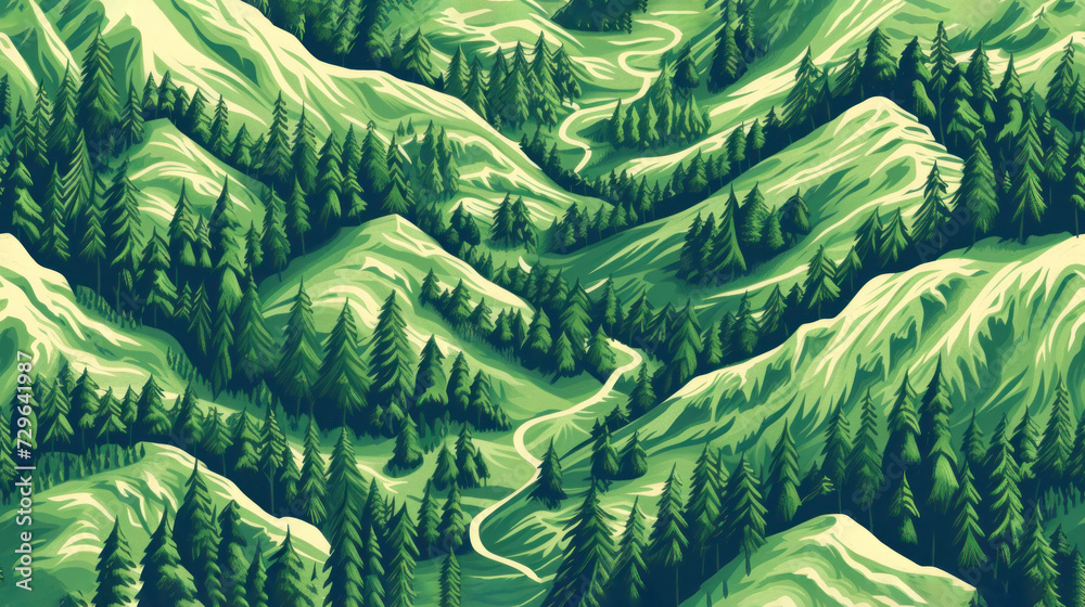 a painting of a mountain range with pine trees in the foreground and a ...