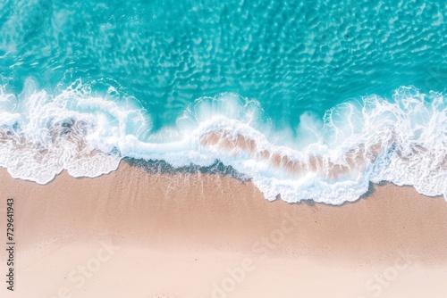 Coastal Serenity: A Pristine Aerial View of Gentle Waves Washing Over a Sandy Beach, Embodying Tranquility and the Beauty of the Ocean, Generative AI