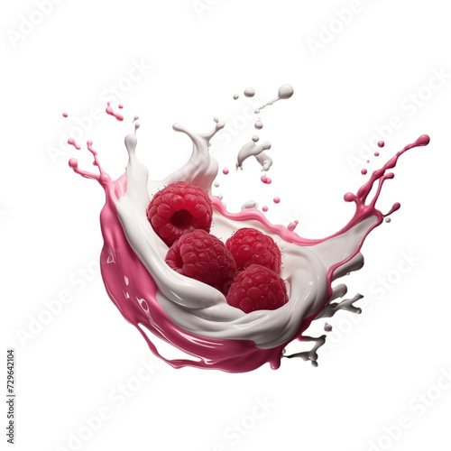 realistic fresh ripe raspberry with slices falling inside swirl fluid gestures of milk or yoghurt juice splash png isolated on a white background with clipping path. selective focus