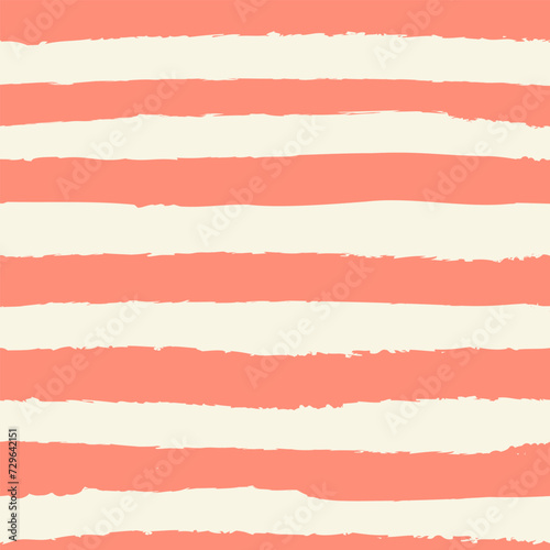 Seamless vector repeat pattern with coral and cream horizontal stripes. Grunge torn edge striping. Versatile striped backdrop, coastal stripe pattern, hot zone beach stripes.