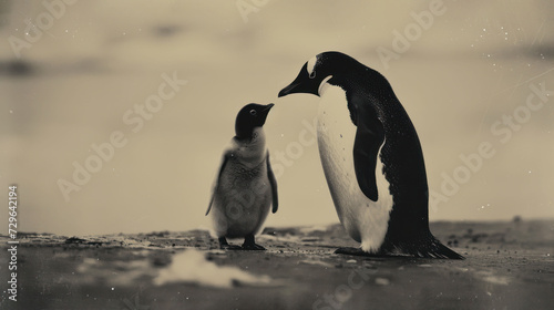  a couple of penguins standing next to each other on top of a snow covered ground in front of a body of water with one penguin touching the other penguin's head.