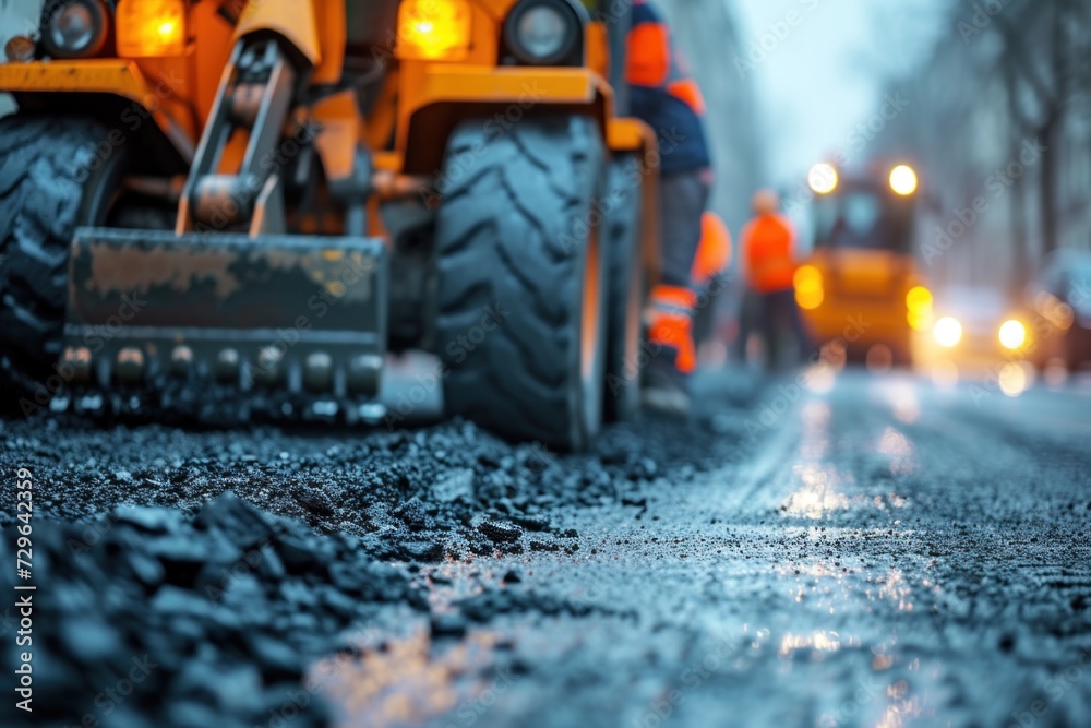 Construction Trucks Driving Down a Street, making asphalting with machine Construction Trucks Driving Down a Street, making asphalting with machine