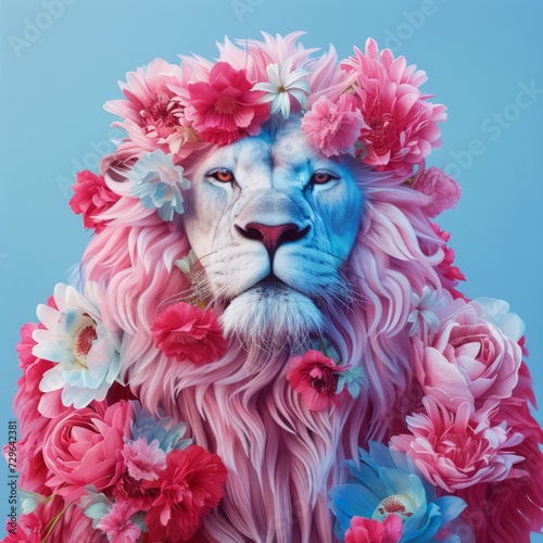A majestic lion adorned with delicate  pink and red flowers, exuding a sense of grace and wild beauty through its furry mane. Pastel blue background.