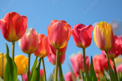 Vibrant tulips reaching for the sky. A Spring representation with colorful flowers and outdoors beautiful weather.