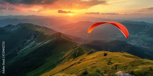 Single paraglider on an orange paragliding flies over green mountains and beautiful landscapes at sunset