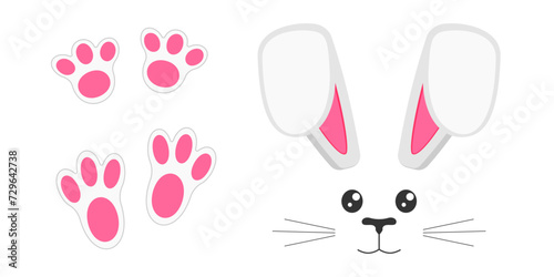 Cute bunny muzzle with ears, eyes, nose, mouth, mustaches and paws. Decoration elements for Easter party, photo shoot, greeting or invitation card, celebration banner. Vector flat illustration