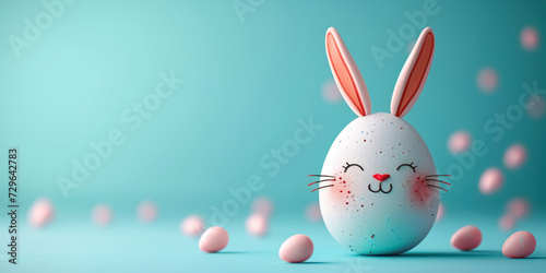 Creative decorated Easter egg with smile on its face and bunny ears on blue empty background, banner with copy space, symbol of happy Easter