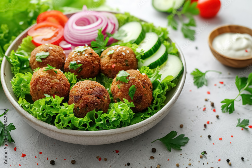 Vegetarian, fried falafel balls on white plate with cucumbers, lettuce salad, red onion, tomatoes and sauce on grey concrete background, perfect healthy snack close up Vegetarian, fried falafel balls on white plate with cucumbers, lettuce salad, red onion, tomatoes and sauce on grey concrete background, perfect healthy snack close up