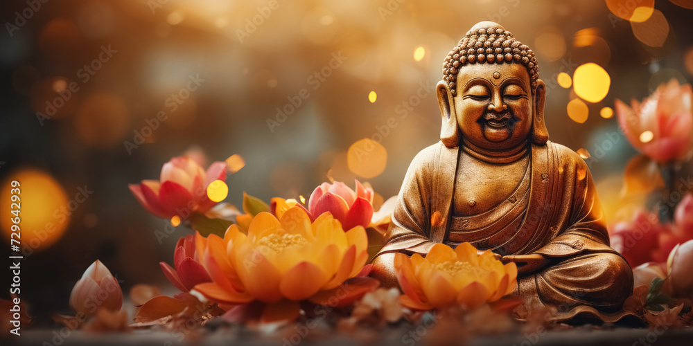 Bronze Buddha statue in meditation position surrounded by beautiful, blooming lotus flowers on blurred, brown, natural background with copy space