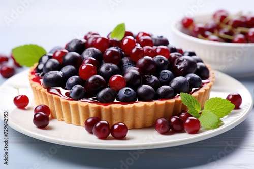 Close up appetizing tart made from buttery pastry  adorned with vibrant mix of blueberries and cherries on plate white background