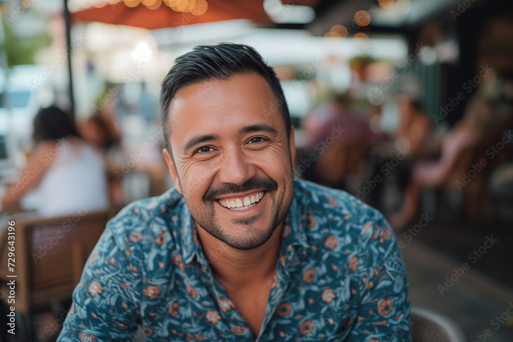 closeup portrait of an hispanic man on a restaurant terrace bar smiling latino happy joyful wearing a patterned blue shirt summer tables clients tanned beard mustach short brown hair in his thirties closeup portrait of an hispanic man on a restaurant terrace bar smiling latino happy joyful wearing a patterned blue shirt summer tables clients tanned beard mustach short brown hair in his thirties