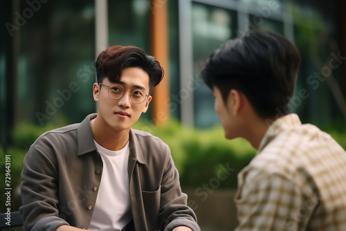two young asian men talking outdoors in greenery near building students on university campus friends handsome wearing shirts glasses friendship warm bond happy guys upbeat dyed hair