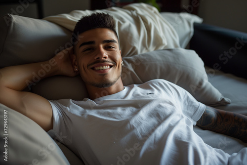 portrait of a young man relaxing in a bed cushions bright smile brush hair hispanic happy joyful handsome fit healthy muscular tanned playful smiling latin white tshirt cheerful attarctive