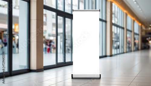 roll up mockup poster stand in a shopping mall banner design with a blank empty copy space area created with generative ai photo