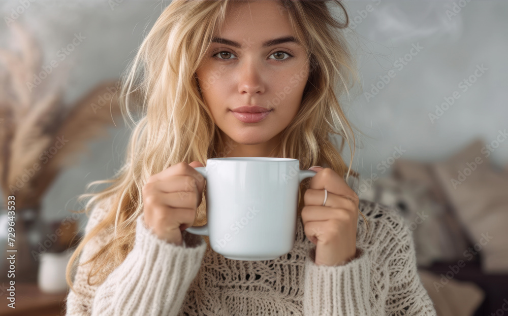 a pretty blonde woman holds a white cup in her hand a pretty blonde woman holds a white cup in her hand