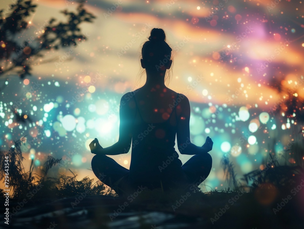 A woman practicing yoga meditation in nature, reaching mindfulness, spiritual awareness and nirvana, surrounded by mystical lights effects