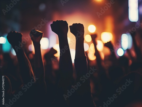 African American people in a crowd fighting and protesting in the street with raised fists against racism and racial discrimination, for change, freedom, justice and equality - Black Lives photo