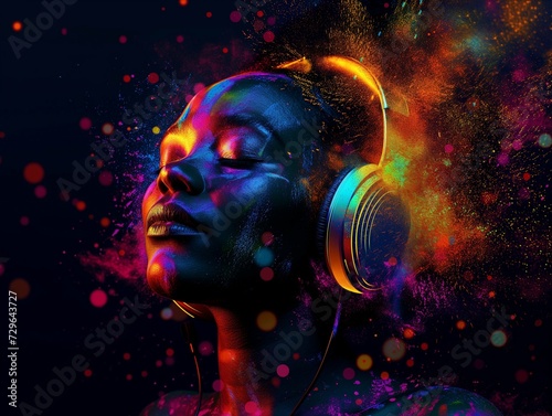 African woman wearing headphones, enjoying music beats, feeling emotions in vibrant color pulse, colorful dynamic sound vibes and abstract digital light effects on black background