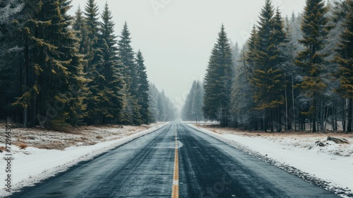  a road in the middle of a forest with snow on the ground and trees on both sides of the road and a line of pine trees on the other side of the road. © Anna