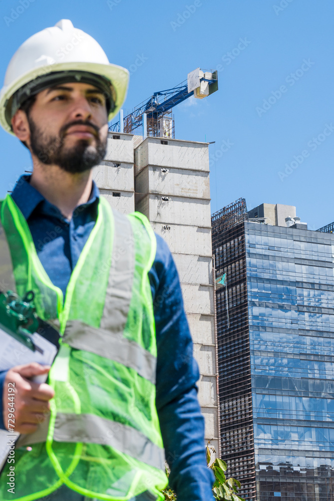 Construction worker man portrait in construction site in sunny day Construction worker man portrait in construction site in sunny day