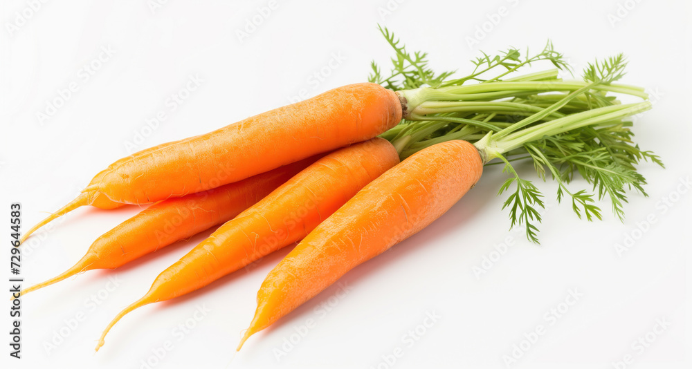Close-up image of fresh, vibrant orange carrots with lush green tops, isolated on a clean white background Close-up image of fresh, vibrant orange carrots with lush green tops, isolated on a clean white background