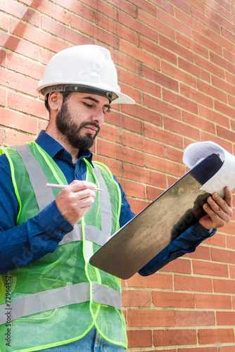 Latin construction worker man looking documents with  brick wall at background in sunny day