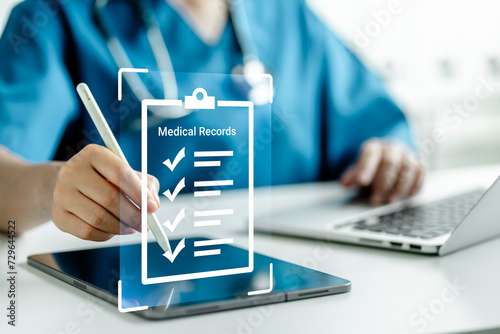 Medicine doctors inspect electronic medical records on tablets. Digital healthcare and network connection virtual screen interface, insurance, Medical Document Management System online