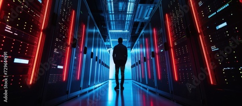 A mysterious hacker standing alone in a dark server room. AI generated image photo