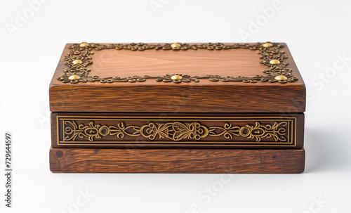 A finely crafted wooden jewelry box adorned with intricate golden floral patterns, showcasing a blend of natural elegance and artistry. © Sviatlana