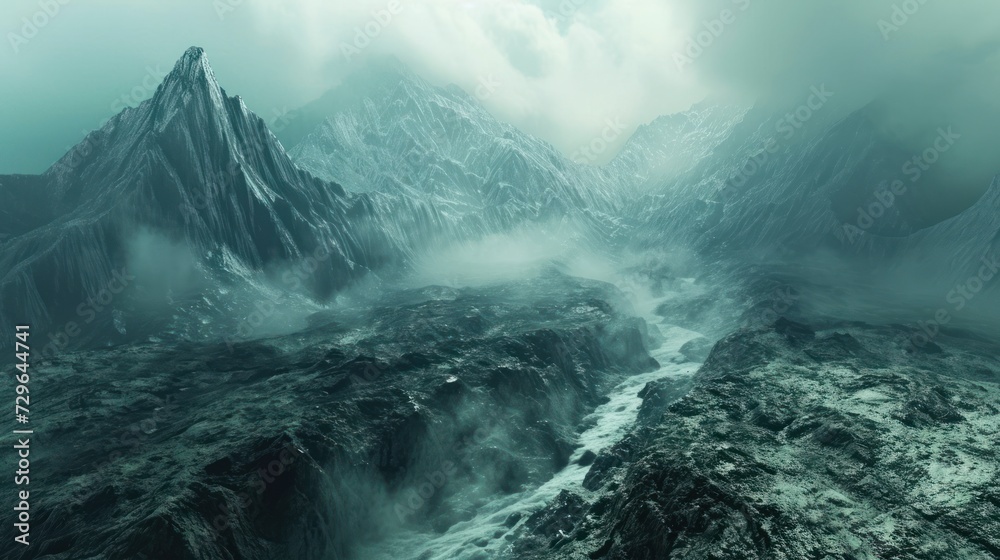 Fototapeta premium an aerial view of a mountain range with a river in the foreground and clouds in the sky over the top of the mountain, and below it is a foggy sky.