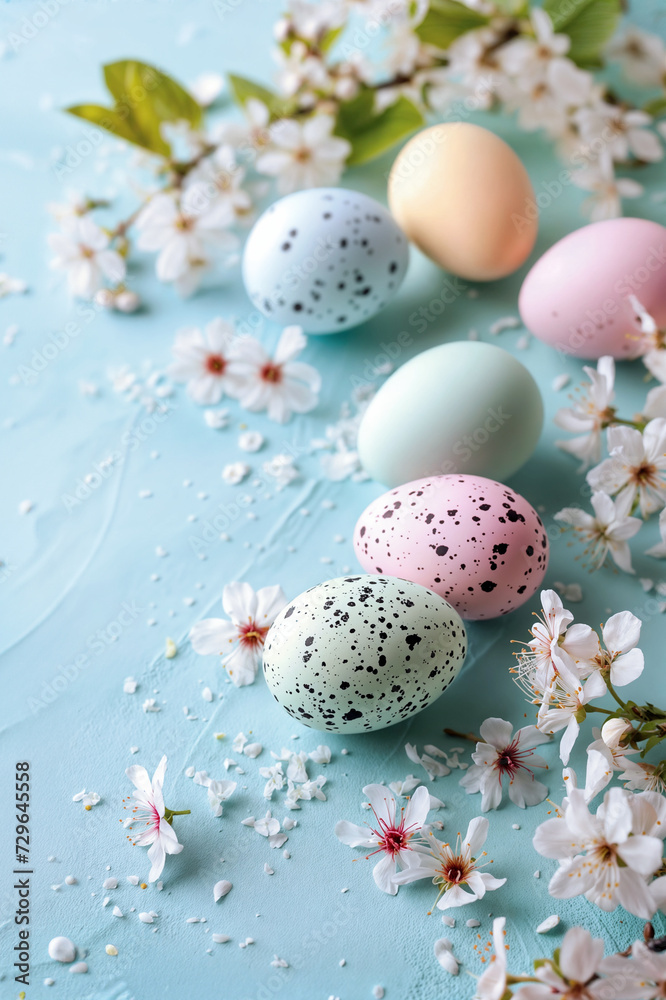 Eastern delight pastel painted eggs with flowers on light blue table background Eastern delight pastel painted eggs with flowers on light blue table background