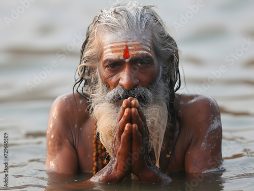 Portrait of a saddhu in the water photo