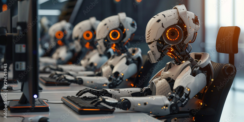 Fototapeta premium artificial general robots sitting with humanoid faces at desks