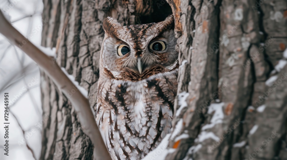 a close up of an owl in a tree with snow on the ground and behind it is a tree trunk with snow on the ground and behind it is a. a close up of an owl in a tree with snow on the ground and behind it is a tree trunk with snow on the ground and behind it is a.