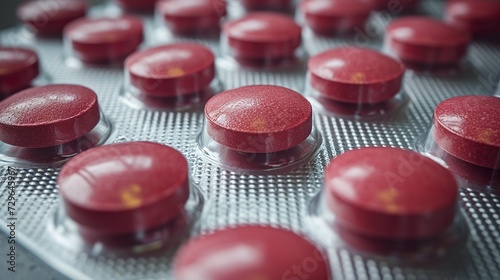 A tab packaging of red pills designed for convenience and ease of access. Red pill packaging in a fusion between functionality and innovation in the pharmaceutical industry.